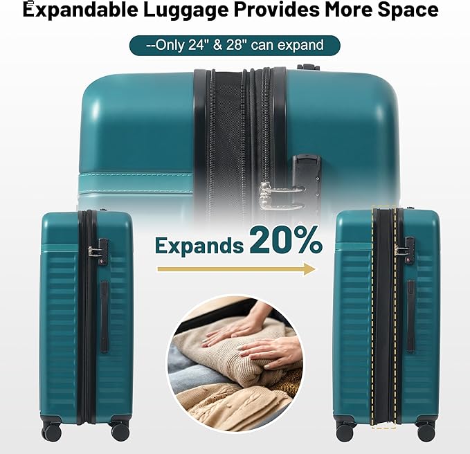 Merax Luggage Sets Front Opening, 2 Piece Hardshell Suitcase with Spinner Wheels and Bags,Lightweight Carry on Luggage with USB Port,20+24,Dark Green