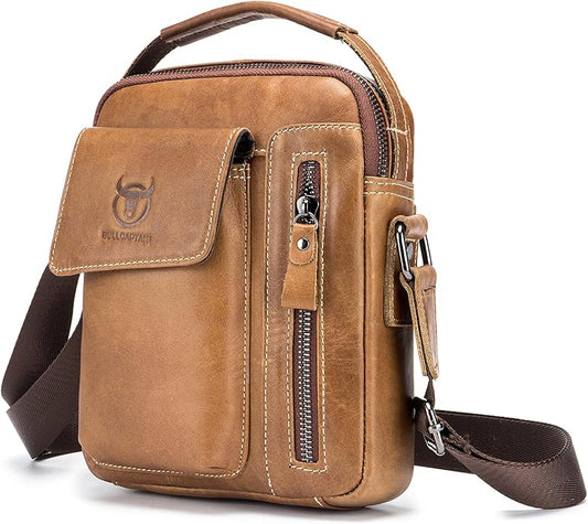 LUKZIJAES Small Genuine Leather Shoulder Bag Men Messenger Handbag Lightweight Sling Crossbody Bag