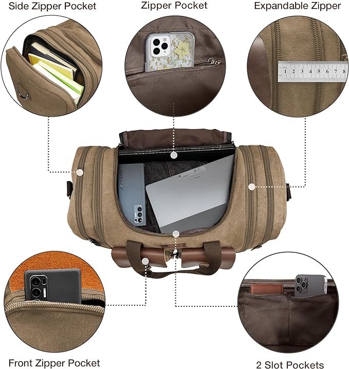 Wildroad 60L Travel Duffel Bag, Expandable Canvas Genuine Leather Duffle Bag Upgraded Overnight Weekender Bag Carry on Bag (Coffee, X Large-60L)