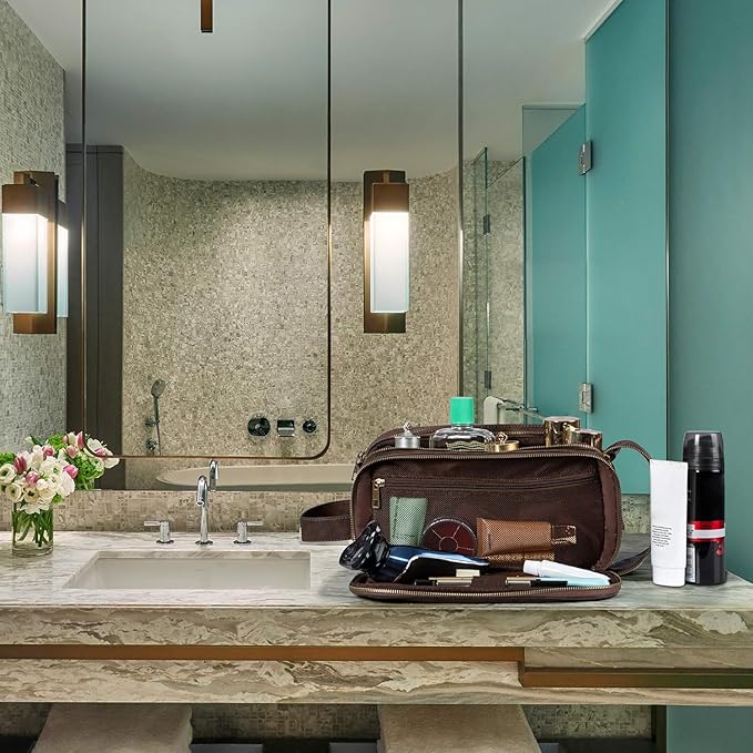 Elviros Toiletry Bag for Men, Large Travel Shaving Dopp Kit Water-resistant Bathroom Toiletries Organizer PU Leather Cosmetic Bags