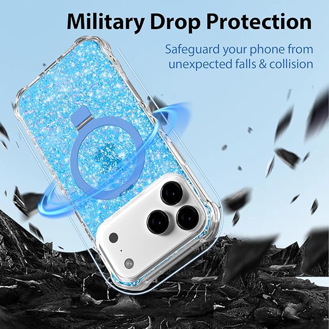 Magnetic for iPhone 17 Pro Case with Invisible Stand, Compatible with MagSafe, Clear Bling Sparkle Shockproof Slim Anti-Slip Military Drop Protection Hard Phone Case 6.3" Glitter Blue