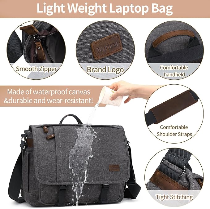 Nerlion Messenger Bag for Men 17-17.3 Inch Laptop Bag Canvas Water-resistant Computer Bag Shoulder Bag Work Briefcase Bookbag for College (Gray)