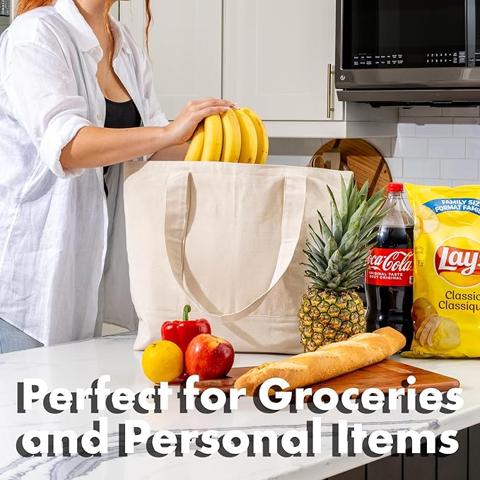 Carrywell |Not Made in China| 3 Pack Cotton Tote Bags, Reusable Grocery Shopping Bag, Durable 13oz Organic Cloth w/Handles