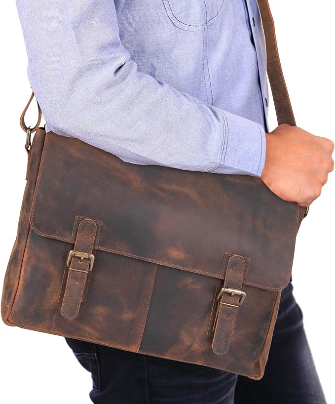 moonster Leather Messenger Bag for Men, Rustic Messenger Bag for Women – Handmade Full Grain Leather Bag for Men - Distressed Buffalo Leather – 16 Inch Laptop Bag with Padded Compartment Pockets