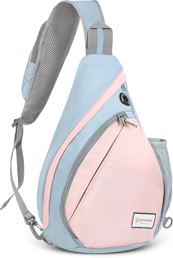 ZOMAKE Sling Bag,Small Crossbody Sling Backpack,Water Resistant Shoulder Daypack for Travel,Anti Thief Chest Bag for Hiking(Grey,Light Pink)