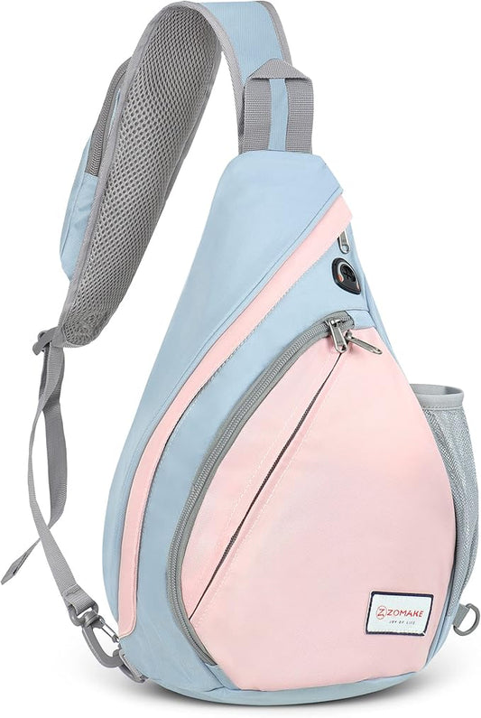 ZOMAKE Sling Bag,Small Crossbody Sling Backpack,Water Resistant Shoulder Daypack for Travel,Anti Thief Chest Bag for Hiking(Grey,Light Pink)