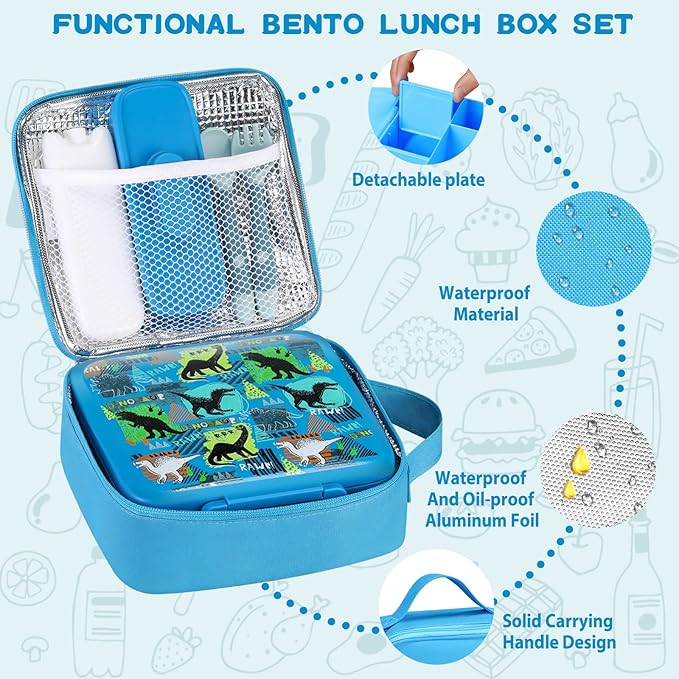 Bento Lunch Box for Kids With 8oz Soup thermo,Leak-proof Lunch Containers with 5 Compartment,thermo Food Jar and Lunch Bag, Food Containers for School (A-Blue(Dinosaur))
