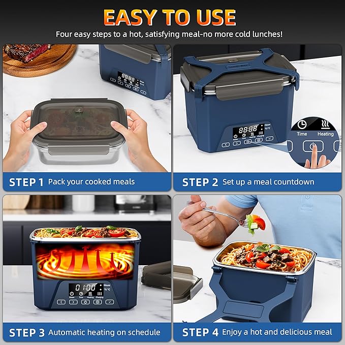 Cordless Electric Lunch Box, 1.2L Self Heating Lunch Box Battery Powered with Automatic Heating, BPA Free, Meal Prep Friendly (Blue)