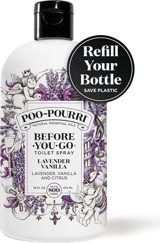 Poo-Pourri Before-You-Go Toilet Spray Refill, Lavender Vanilla,16 Fl Oz, Up to 800 Uses, Bathroom Odor Deodorizer with Essential Oils for Home or Work, Lavender, Vanilla and Citrus Scent