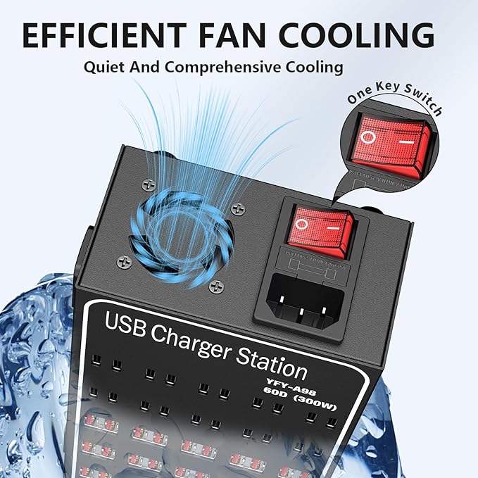 Multiple USB Charging Station, RUANSZZ 60 Port 300 Watt (60A) USB~C Charger Block with Power Switch, Multiple USB Desktop Charger Station, Suitable for Shops, Hotels, Schools, Shopping malls