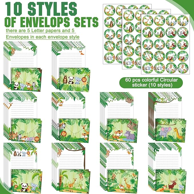 TaoBary 160 Pcs Stationery Paper Set 50 Double Sided Stationery Papers with 50 Matching Envelopes and 60 Round Dot Sticker, 10 Design(Safari Animal,5.5 x 8.25 Inch)