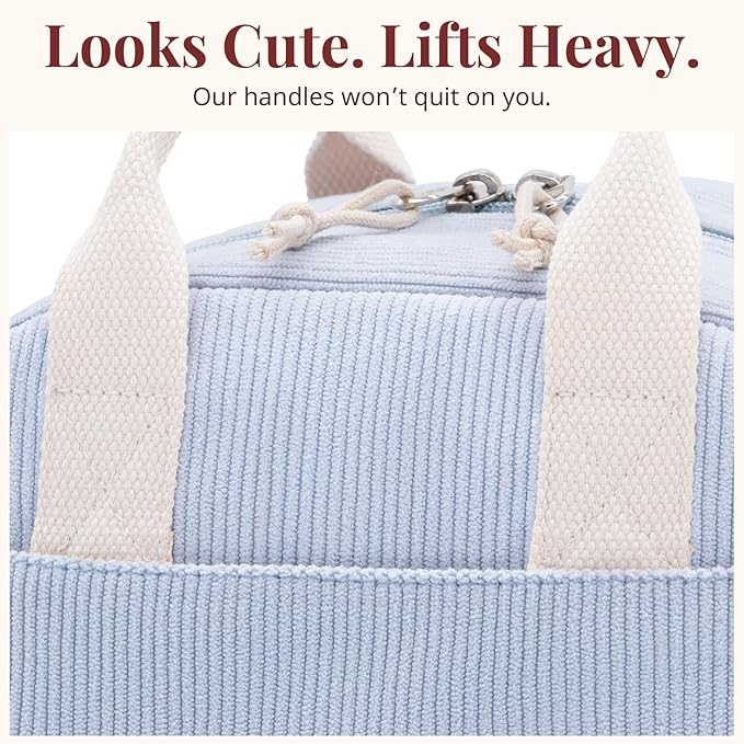 Insulated Cloud Blue Lunch Bag for Women, Stylish Corduroy Tote with Aluminum Lining, Large Capacity Reusable Cooler for Work, Travel, Beach or Picnic, Cloud Blue Water-Resistant Lunch Box