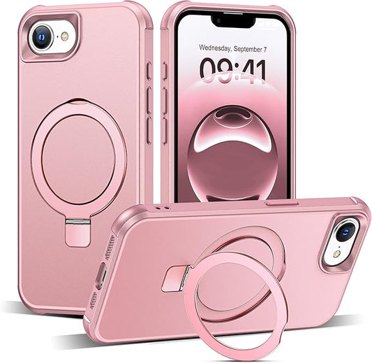 Compatible with iPhone 16E Case with Invisible Magnetic O-Ring Stand Military-Grade Case for iPhone 16E 6.1" 2025 [Compatible with Mag-Safe][Great Grip Feeling], Rose Gold