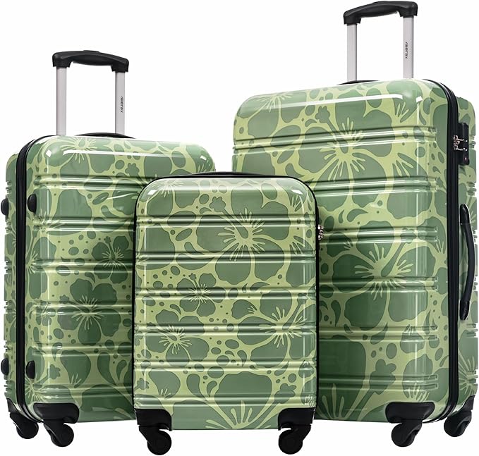 Merax Luggage Sets 3 Piece, Hardside Suitcase Set with Spinner Wheels, Lightweight Printing Luggage Carry on,20+24+28 IN,Green