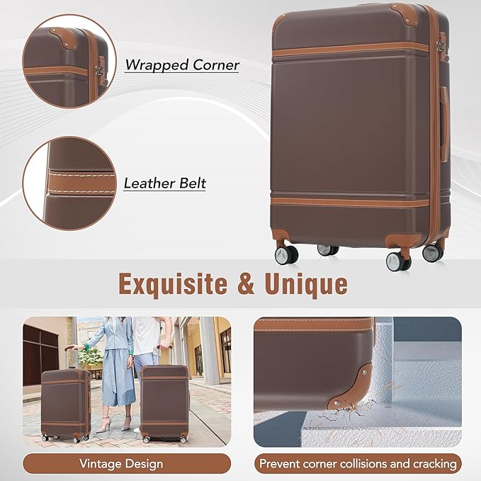 Merax Luggage Set 2 Piece Suitcase Set with Cosmetic Case Expandable Spinner Wheels Vintage Luggage Sets(Brown,20"+28")
