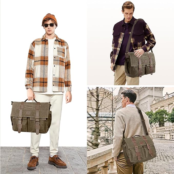 Messenger Bag for Men,13-14-15.6 Inch Laptop Bag, Vintage Water-resistant Waxed Canvas Satchel Bag, Leather Briefcase for School Work Travel (Vintage Grey)