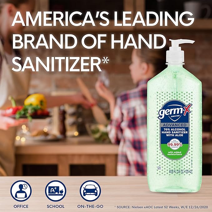 Germ-X Advanced Hand Sanitizer with Aloe and Vitamin E, Non-Drying Moisturizing Gel, Instant and No Rinse Formula, Pump Bottle, 1 Liter (Pack of 2)