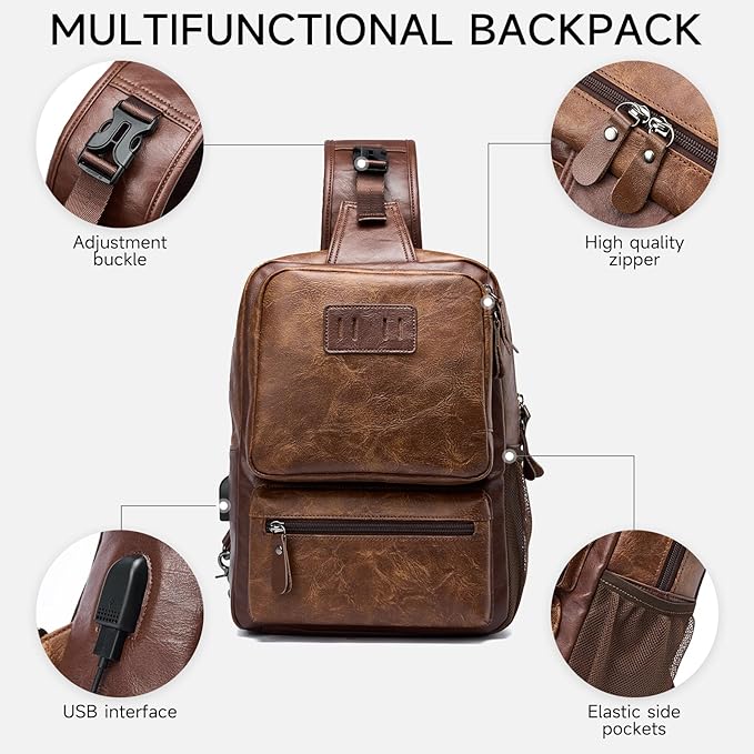 Sling Bag for Men Leather Crossbody Bag with Handgun Holder and USB Charging Port, Vintage Cross Body Pack, 7L Small Casual Daypacks for Travel, Commute, Cycling (Brown)