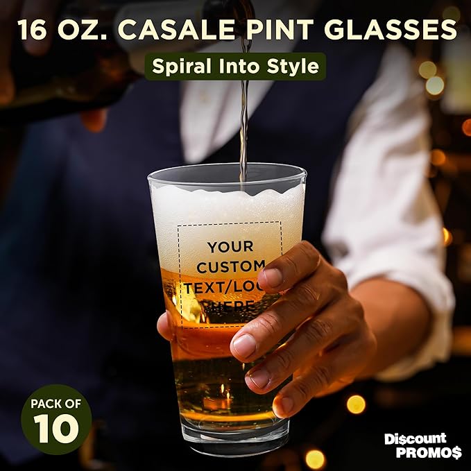 Custom Casale Pint Glass 16 oz. Set of 10, Personalized Bulk Pack - Beer Glasses, Heavy Duty Drinkware - Black