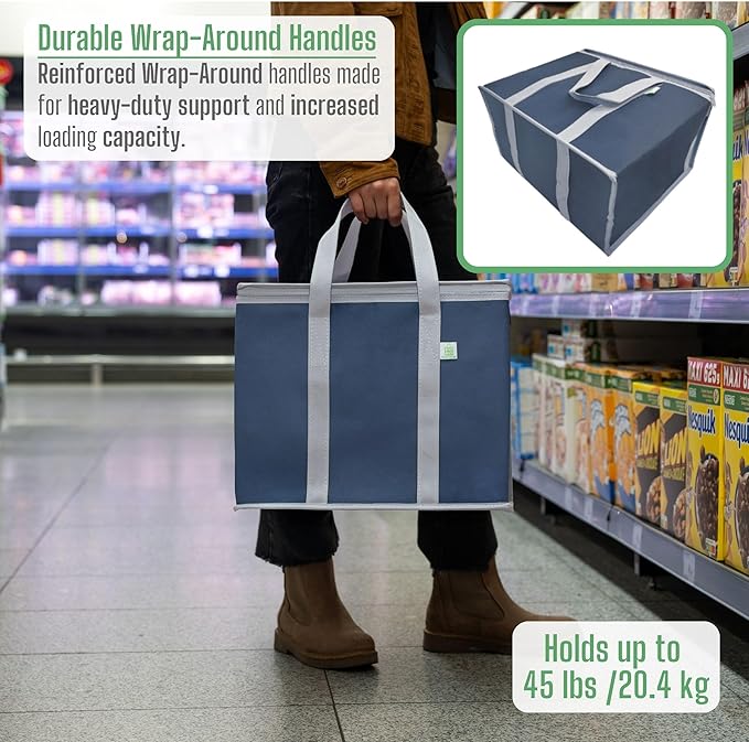 VENO 2 Pack Cooler Bag and Insulated Grocery Bags for Food Delivery, Collapsible Cooler, Reusable Shopping Bags for Groceries with Zipper, Foldable, Heavy-Duty, Stands Upright (Dark Blue, 2 Pack)