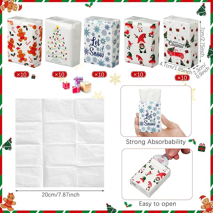 Ctosree 50 Pack Christmas Pocket Tissues Merry Xmas Travel Packs Bulk 500 Sheet Snow Flake Small Individual Tissues Pocket Packs 3 Ply Mini Travel Size for School Camping