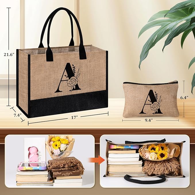 AYGE Personalized Initial Jute Tote Bag & Makeup Bag, Beach Bag, Monogrammed Birthday Gifts for Women Sister Mom Bridesmaid