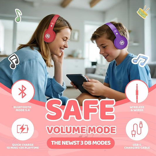 Headphones Kids Bluetooth 5.4 Wireless Play Time 68H Safe Volume Limit 85/94dB Over-Ear Foldable Headset,Fast Charging,with Aux Cord Built-in Mic for Toddler Child Pad Study Tablet Red