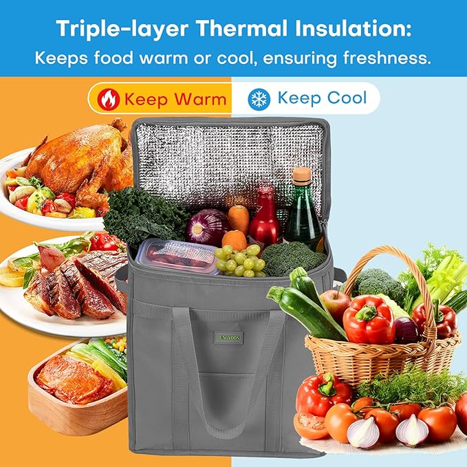 JUNGYOON 2-Pack Heavy-Duty Insulated Grocery Bags & Food Delivery Bag – Collapsible Cooler Bag with Zippered Top | Reusable Shopping Bags for Groceries, Picnics, Easy Storage(M Grey)