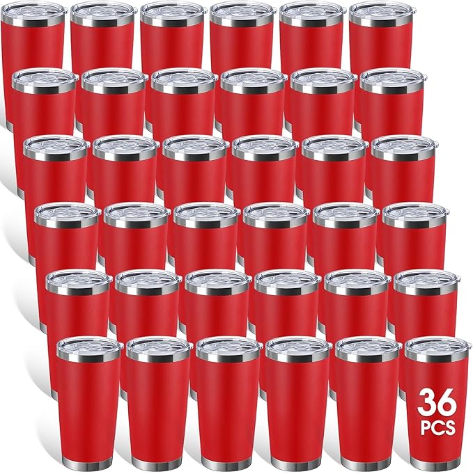 Sieral 36 Packs Stainless Steel Tumbler Bulk with Lid Vacuum Double Wall Insulated Travel Coffee Mug Powder Coated Tumbler Cup for Graduation Wedding Christmas Birthday Party(Red, 20 oz)
