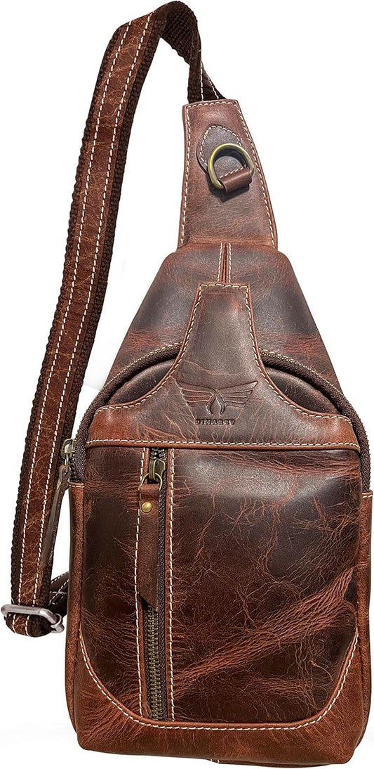Leather Cross-body Sling Bag Casual Daypack Backpack Chest Shoulder Multi-Purpose Timeless Design Small Men (Rustic Brown)