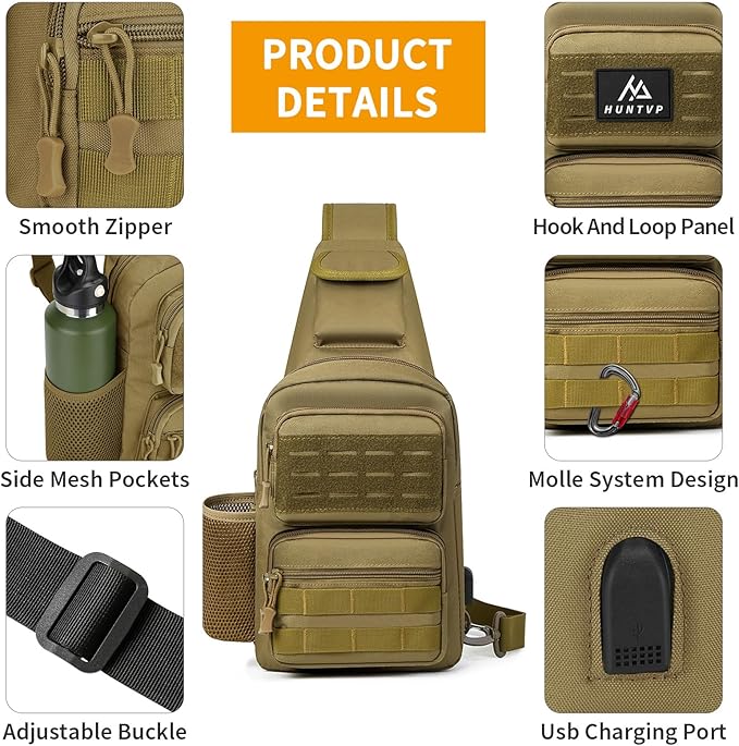 HUNTVP Tactical Sling Bag Crossbody Bag for Men Women EDC Shoulder Bags Molle Sling Backpack Chest Pack for Hiking Hunting Travelling Camping (Type3-Brown)