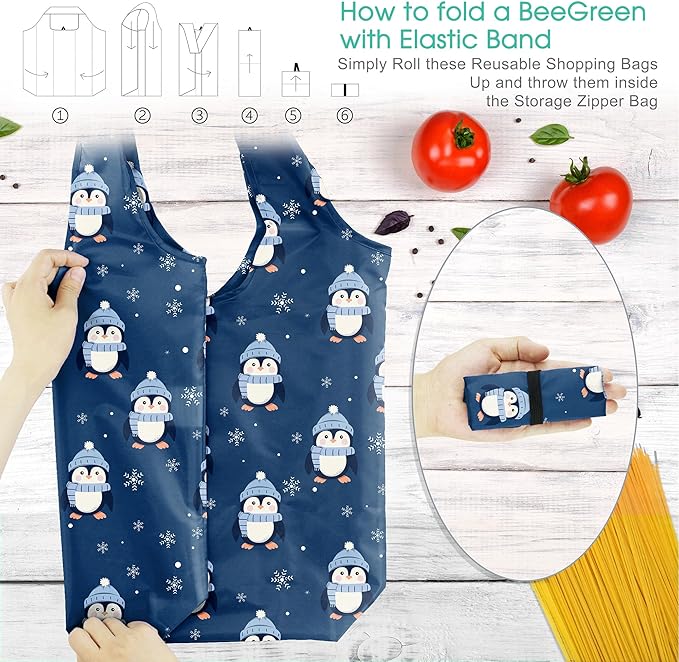 BeeGreen Christmas Reusable Grocery Bags with Zipper Storage Pouch 6 Pack Peguins Reusable Shopping Bags Bulk with Elastic Band Foldable-Machine Washable Christmas Gifts Tote Bags