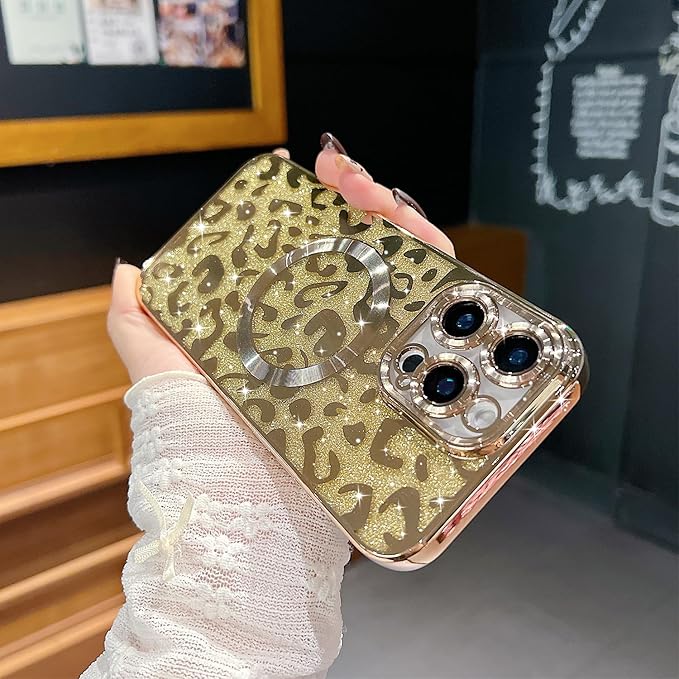 for iPhone 16 Pro Case Magnetic,Soft Cute Luxury Leopard Cheetah Pattern Plating Glitter Bling Phone Case Compatible with MagSafe Clear Shockproof Back Cover for Women Girl 6.3"-Gold
