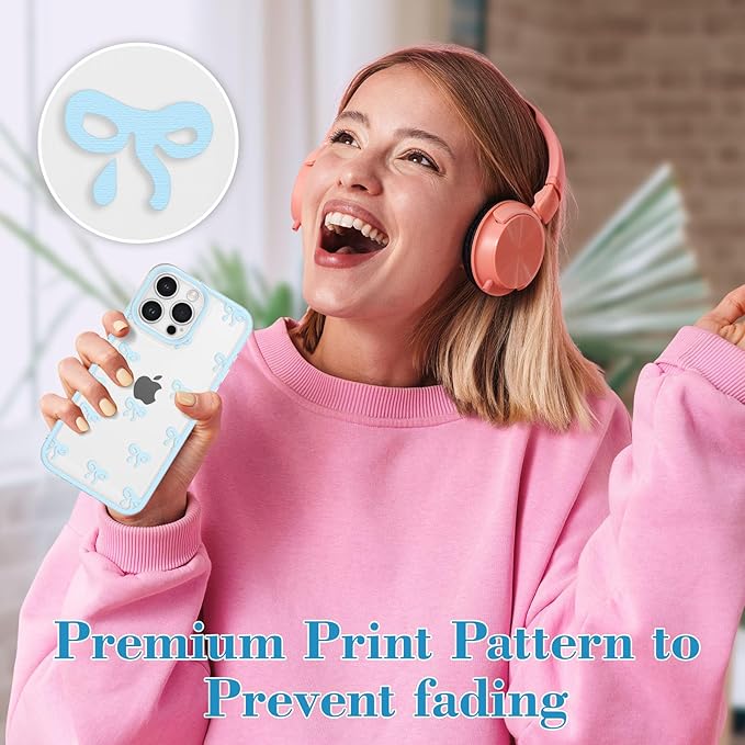 EYZUTAK Case for iPhone 17 Pro Max, Clear Cute Ribbon Bowknot Pattern Aesthetic Transparent Phone Case Raised Camera Protection Stylish Slim Soft Durable TPU Protective Cover for Women Girls - Blue