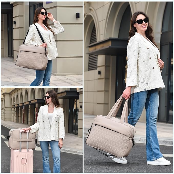 Felipe Varela Large Puffy Tote Bag, Gym Bags for Women with Shoe Compartment, Weekender Overnight Lightweight Carry on Puffer Duffle Bag for Travel (Camel,36L)