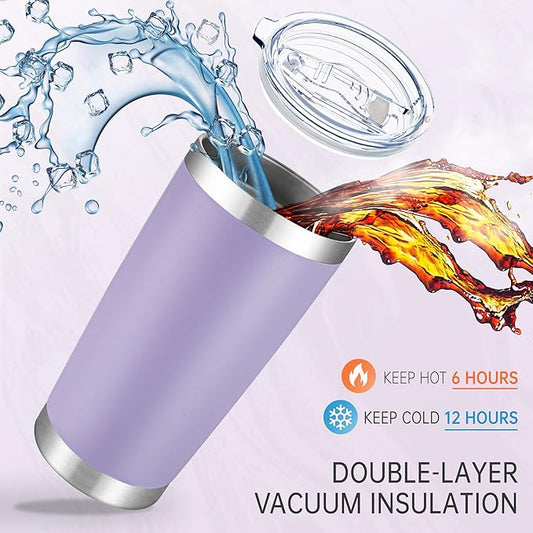 20 oz Tumblers Bulk Stainless Steel Tumbler with Lid Double Wall Vacuum Insulated Coffee Mug 20oz Powder Coated Cup for Hot and Cold Drinks, Purple, 6 pack