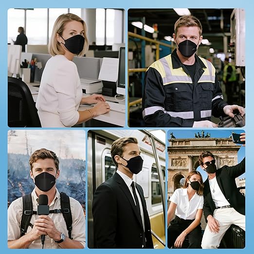 akgk KN95 Face Masks 50 Pack, Individually Wrapped, 5-Ply Disposable Black Face Mask Against PM 2.5 Smoke and Dust