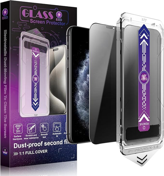 2 Pack Privacy Screen Protector for iPhone 11 Pro and iPhone Xs and iPhone X 5.8-Inch Auto Dust Removal, No Bubbles,Anti-Spy Tempered Glass Film, Easy Installation