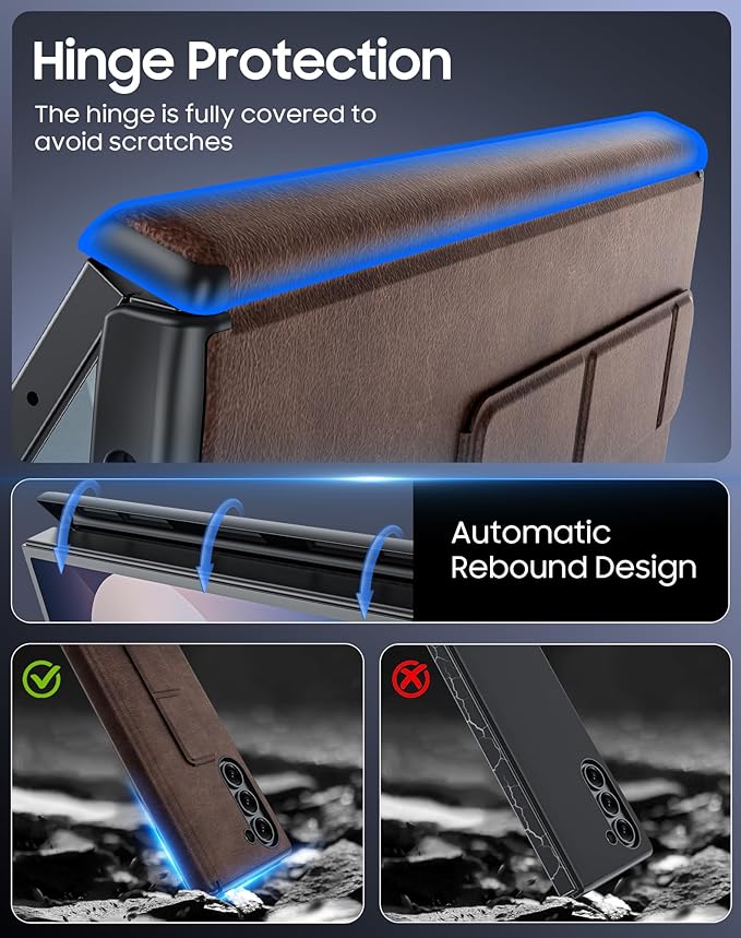 for Samsung Galaxy Z Fold 6 Case with Hand Strap & Kickstand & Hinge Protection, Ultra Slim Skin Feel Pattern Printing Full Body Shockproof Phone Case for Z Fold 6, No Screen Protector (Vintage Brown)