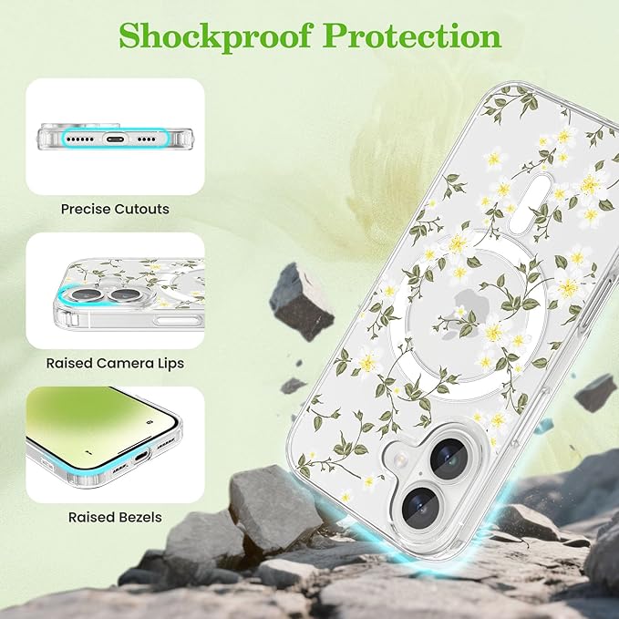 ZTOFERA for iPhone 16 Magnetic Case Compatible with Magsafe,Aesthetic Floral Pattern Design Cute for Girl Women,Anti-Drop Protective Hard Phone Cover for iPhone 16-Big White Flower