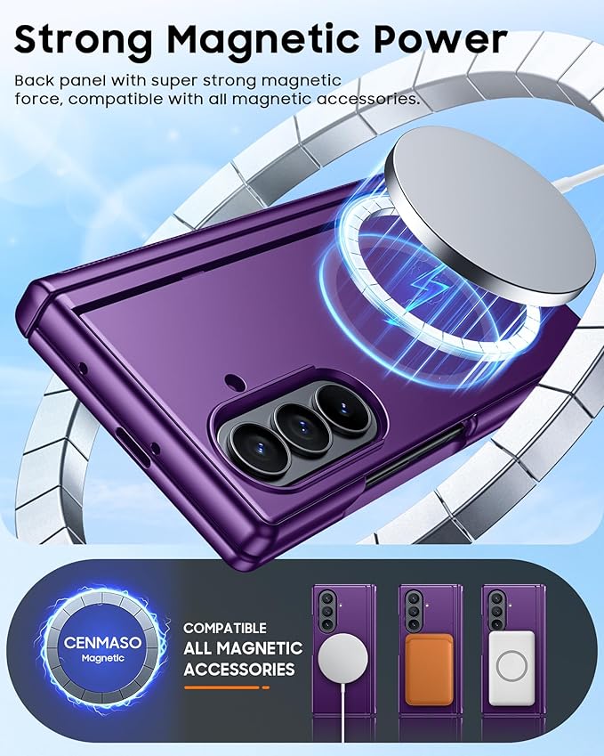 CENMASO Magnetic for Samsung Galaxy Z Fold 7 Case with Stand, Fit for Magsafe, Hinge Protection, Screen Protector, Built-in Hidden Kickstand, Slim Shockproof Phone Case for Galaxy Z Fold 7-Purple