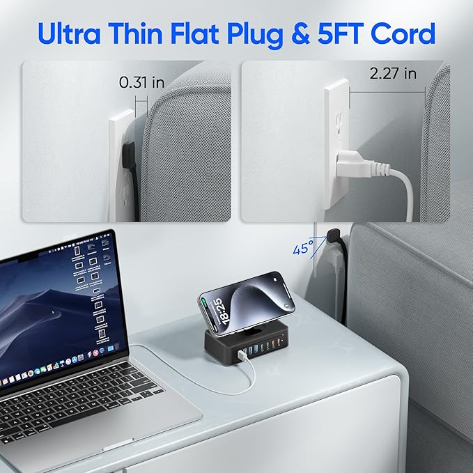 115W USB Charging Station Power Strip, 11-in-1 USB C Charger Block, 2AC Outlets with 8USB Ports(4USB-C), 5FT Flat Plug Extension Cord, Fast Charging Desktop Charger for Home Office Dorm Room, Black