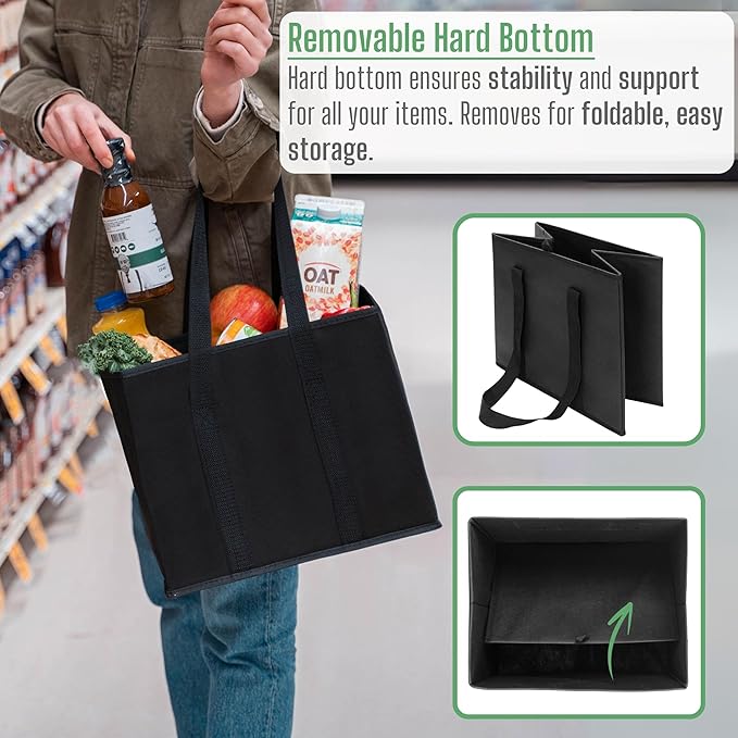 VENO 3 Pack Reusable Grocery Bags, Shopping Bags for groceries, Utility Tote with Handles and Hard Bottom, Foldable Shopping Cart Organizer, Multi-Purpose, Heavy-Duty (Black, 6 Gallon-3 Pack)
