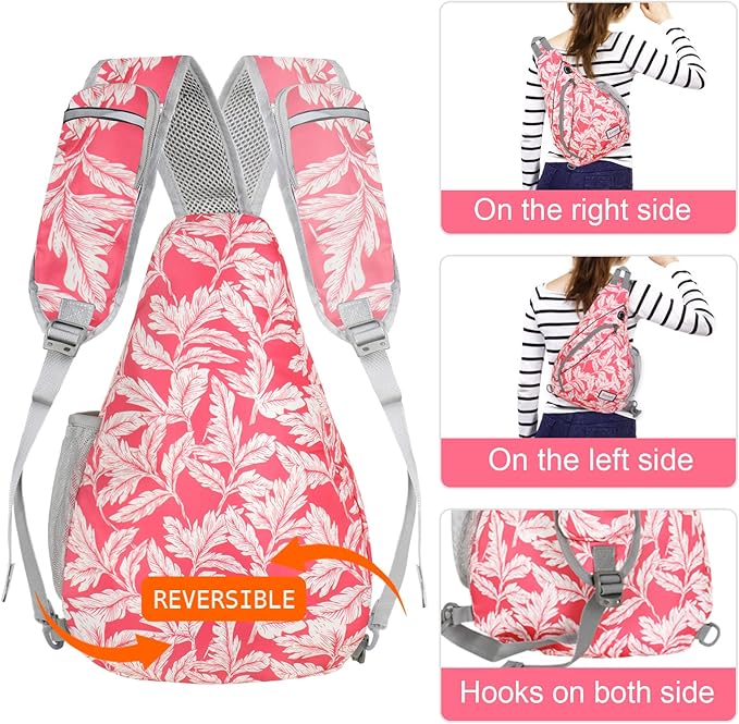 ZOMAKE Sling Bag,Small Crossbody Sling Backpack,Water Resistant Shoulder Daypack for Travel,Anti Thief Chest Bag for Hiking(Fushcia White Leaf)