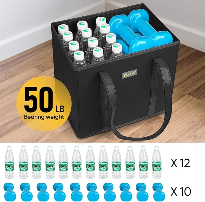 BALEINE 3Pk Reusable Grocery Bags, Foldable Shopping Bags for Groceries with Reinforced Bottom & Handles (Black)