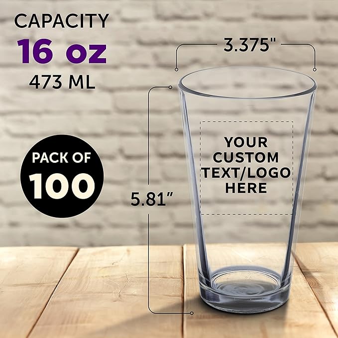 Custom Libbey Pint Glass 16 oz. Set of 100, Personalized Bulk Pack - Beer Glasses, Heavy Duty Drinkware - Clear