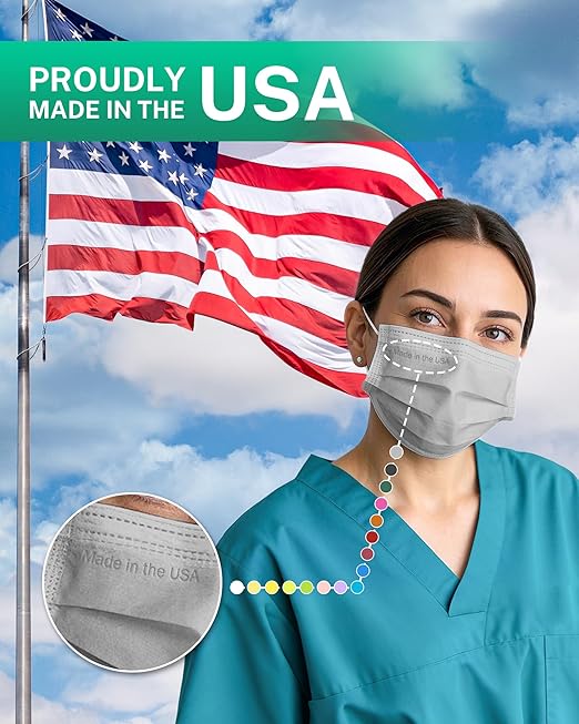Disposable Face Masks Made in USA, 4 Ply for Families, Students, Breathable All-Day Wear & Safety, ASTM Level 3 Medical Grade, 50 Pack Individual Wrap, Colorful