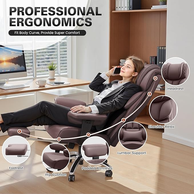 Office Desk Chair, Big and Tall Leather Gaming Chair with Footrest, Wide Ergonomic Comfy Executive High-Back Reclining Computer Chairs, Swivel Rolling Wheels and Padded Lumbar Support,Coffee