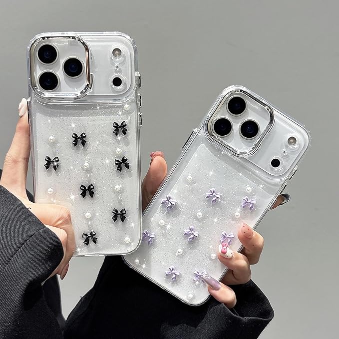 EYZUTAK Case for iPhone 17 Pro, Bling Glitter 3D Bowknot Phone Case Cute Sparkly Crystal Clear Bow Aesthetic Design Cover Slim Soft Durable TPU Transparent Protective Cover for Women Girl - Black Bow