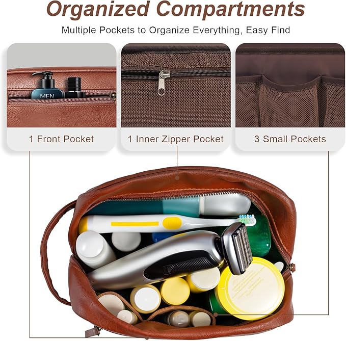 Travel Toiletry Bag for Men and Women, Travel Shaving Dopp Kit Water-resistant Bathroom Toiletries Organizer PU Leather Cosmetic Bags (Brown)